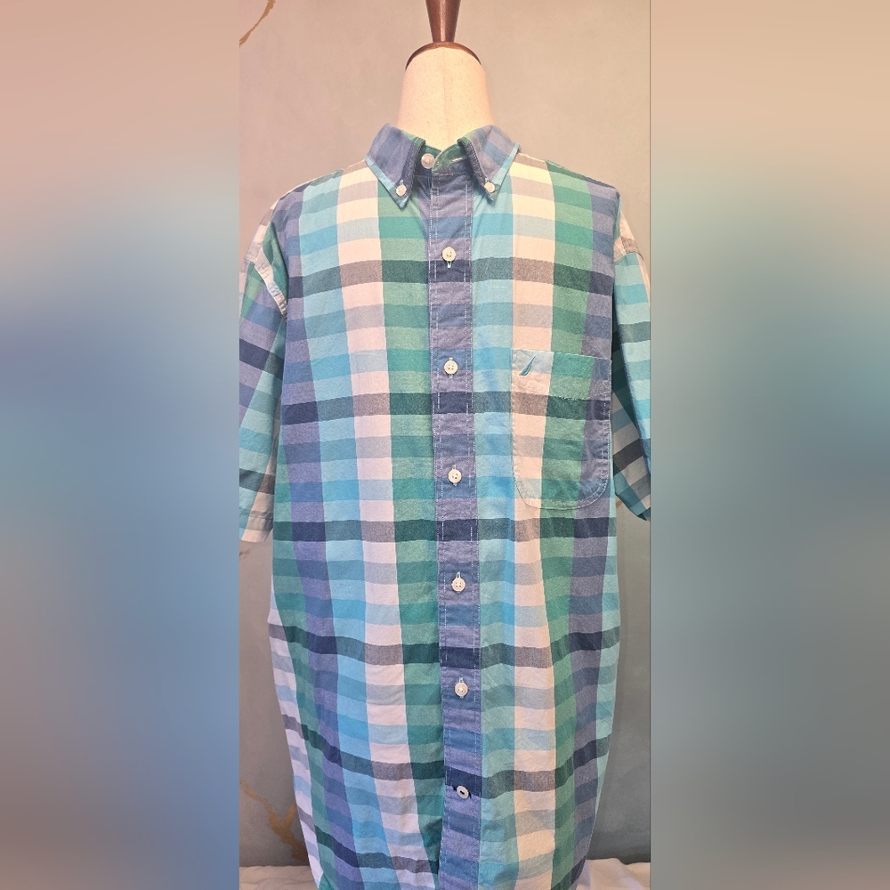 Nautica Blue & Green Plaid  Button-Down Shirt Cotton Chambray Trim L